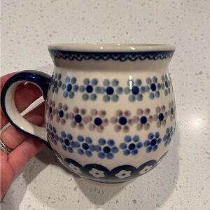 New! Polish Pottery 🇵🇱 Blue Floral Design Art Bubble Mug RARE & LIMITED EDITION